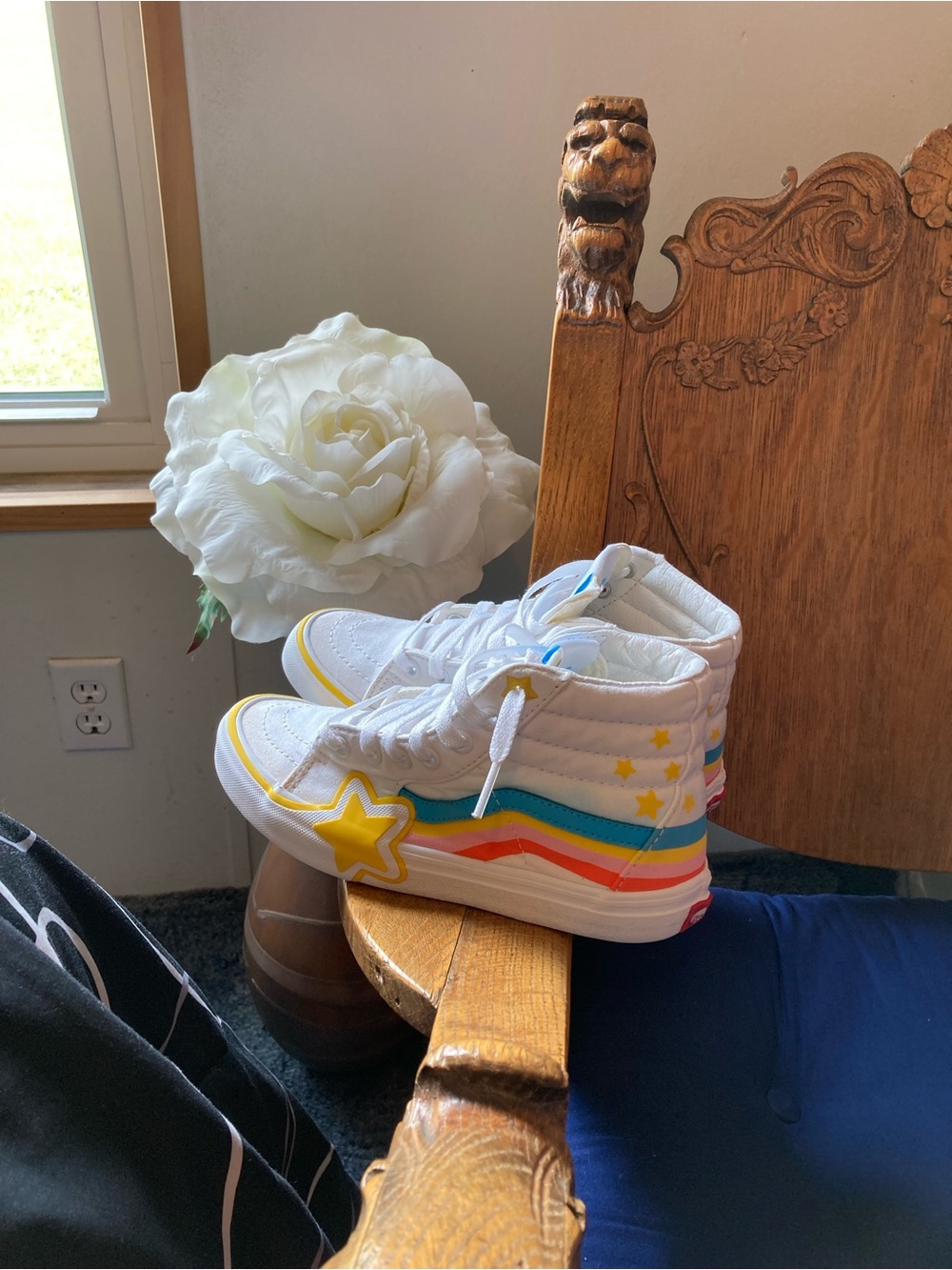 Vans Kids White High-Top Sneakers with Rainbow Stripes & Yellow Star Accent